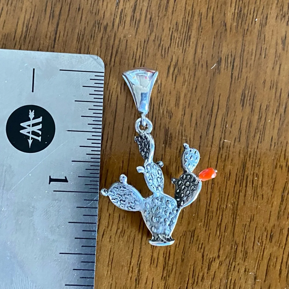 925 3D Sterling Silver Prickly Pear Cactus Pendant with Coral Bead Blossom - Picture 4 of 5